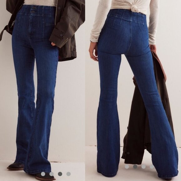 Free People We The Jayde High Waisted Western Boho Dark Wash Blue Flare Jeans 28 - Picture 1 of 13